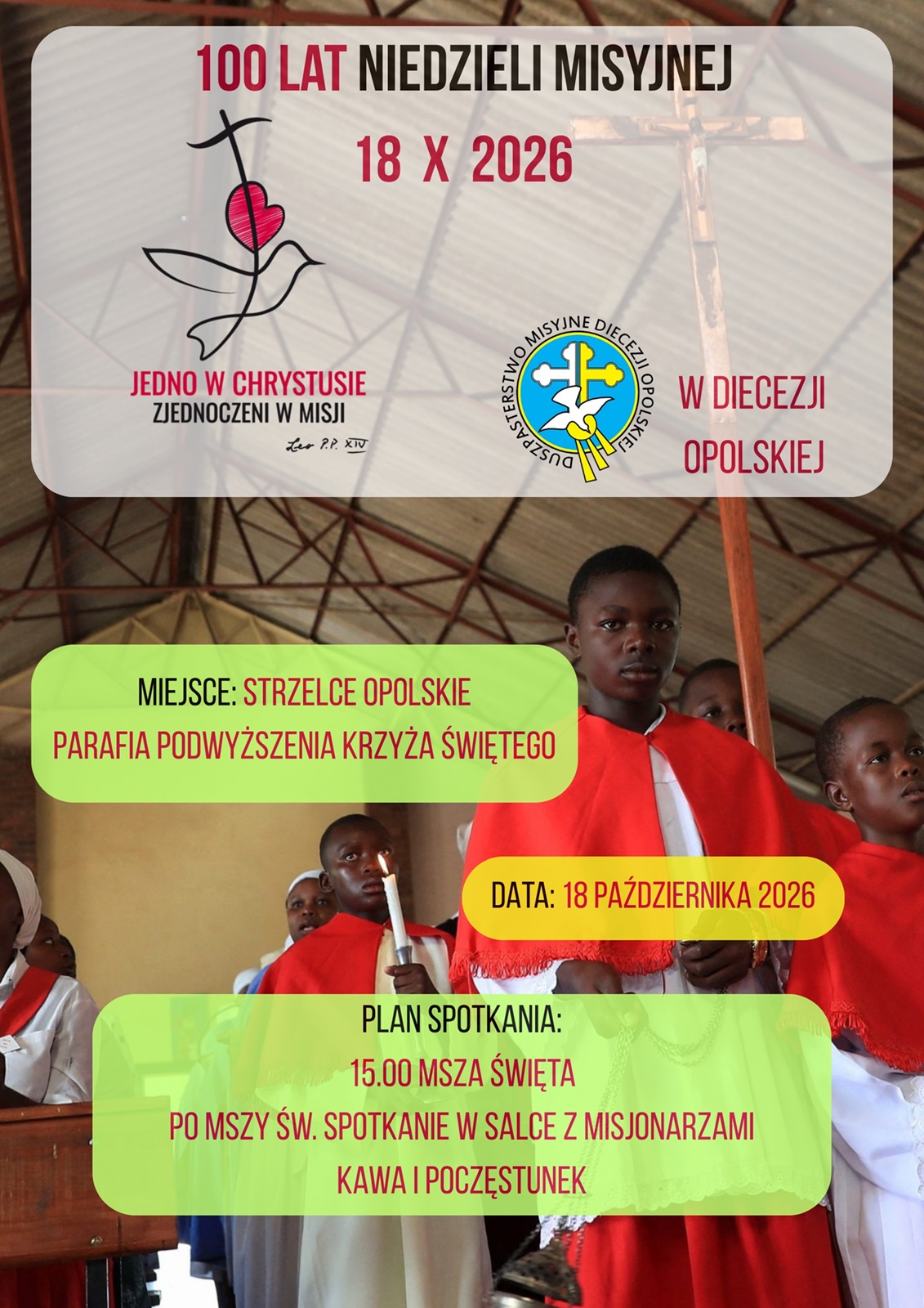 Plakat „100 lat Niedzieli Misyjnej” – 18 października 2026, Strzelce Opolskie, ministranci w czasie liturgii na misjach