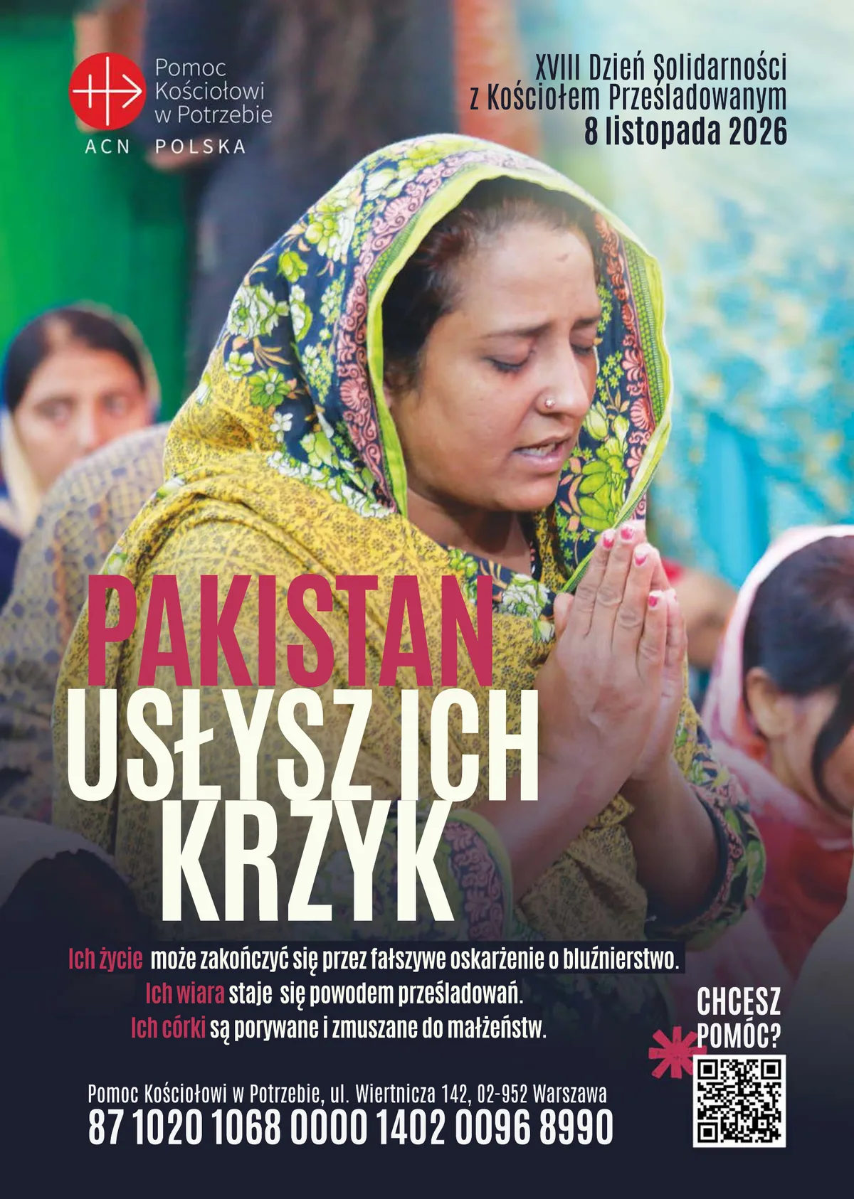 Plakat XVIII Dnia Solidarności z Kościołem Prześladowanym, 8 listopada 2026: modląca się kobieta w chuście i napis „Pakistan. Usłysz ich krzyk”, Pomoc Kościołowi w Potrzebie