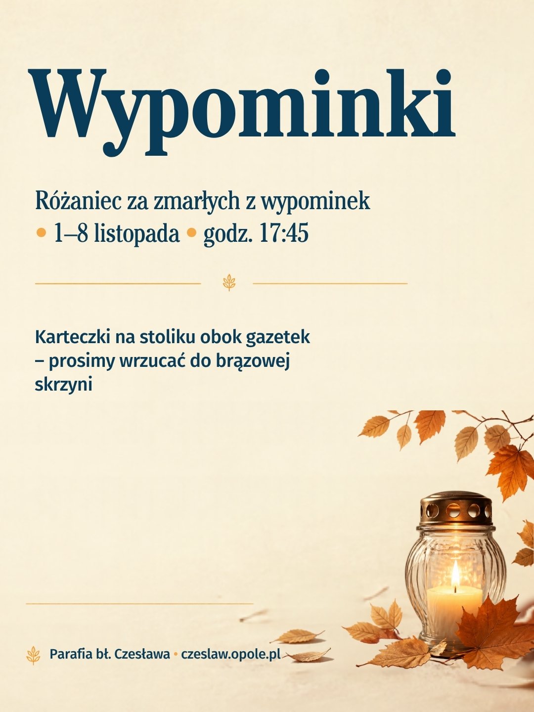 Grafika „Wypominki”: znicz i jesienne liście, różaniec za zmarłych z wypominek 1–8 listopada, godz. 17:45
